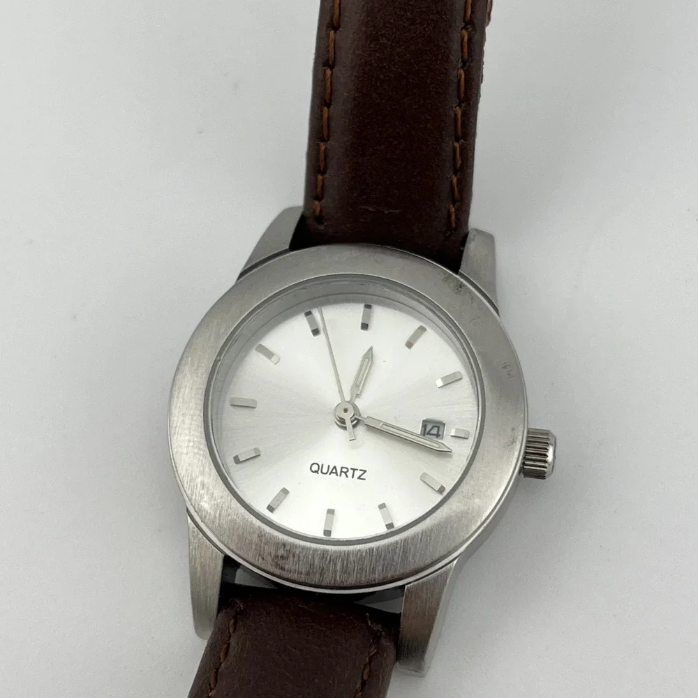 Women's Quartz Watch Silver 29mm Case Brown Leather Band- New Battery‎